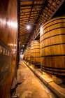 Oak vats and barrels, Real Companhia Velha winery and cellars, Gaia, Porto, Portugal. Art Print